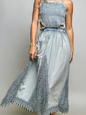 POL SMQA10 Maxi  Dress Light Blue Denim with Crochet-Trim Vintage Inspired  NWT